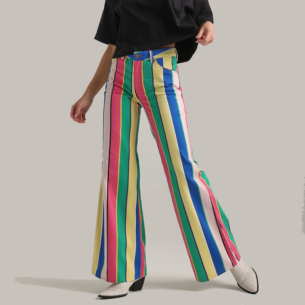 Wrangler Wanderer 622 Striped High Waist Flare Jean in Rainbow Pop
